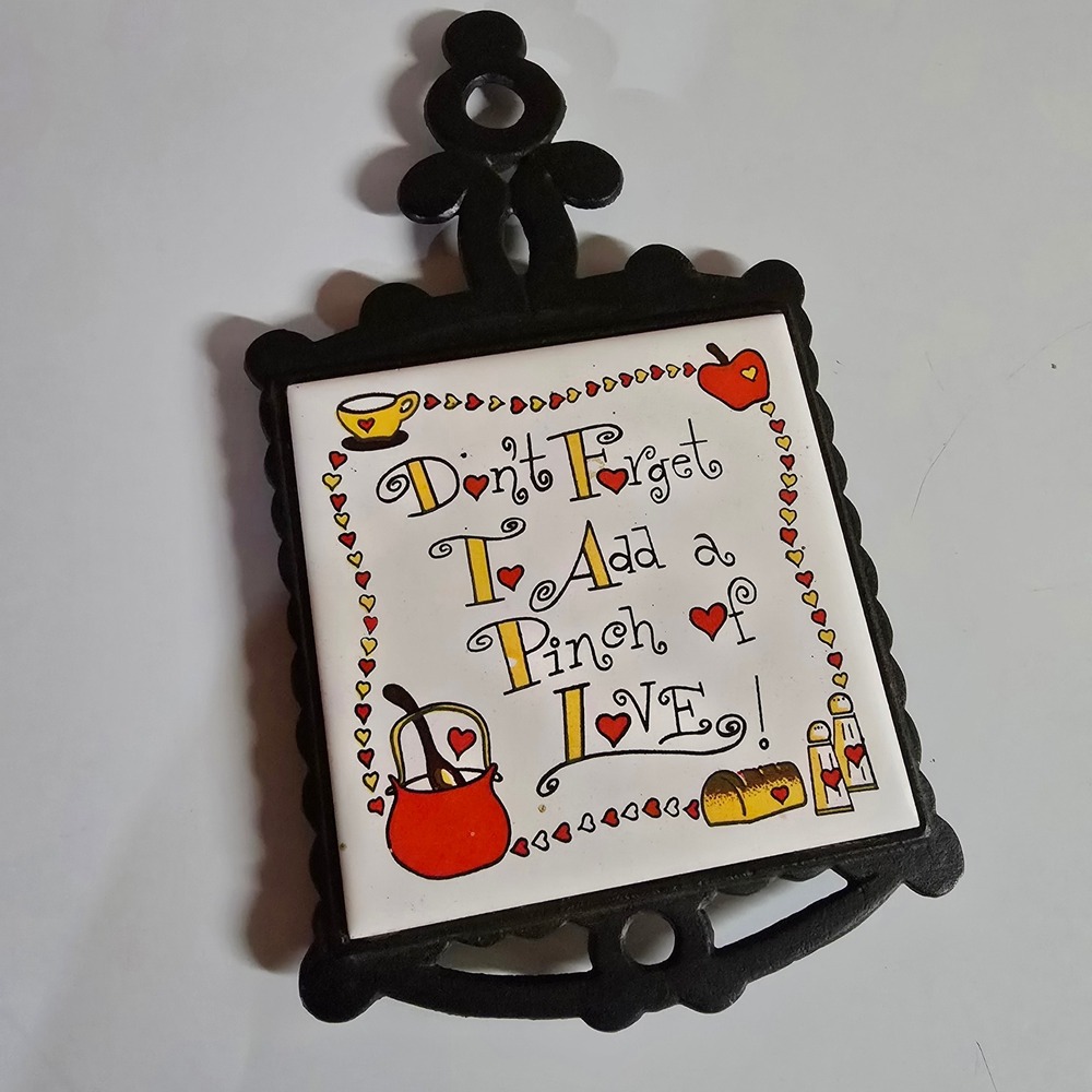 VTG Cast Iron Tile Trivet Hot Pad "Don't Forget to Add‎ a Pinch of Love"